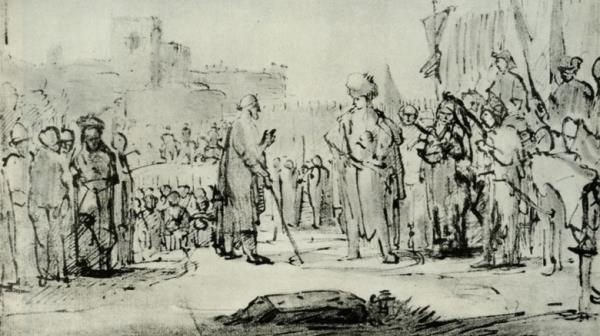 Co<em></em>nfrontation between Antiochus and Roman Rembrandt sketch